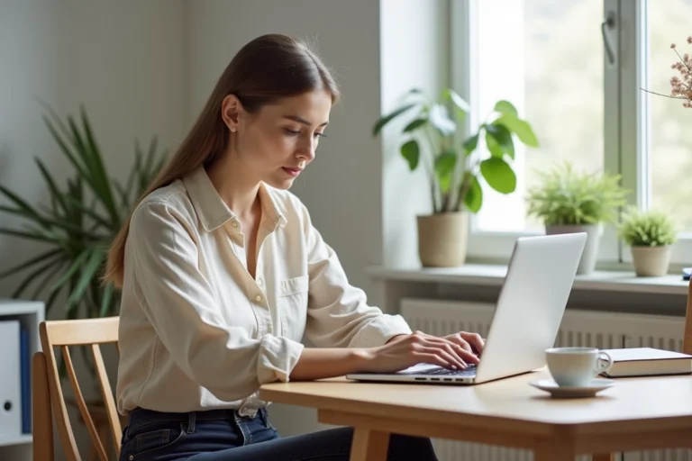 Femme consultant une offre immobilière sur un site web depuis son bureau à domicile
