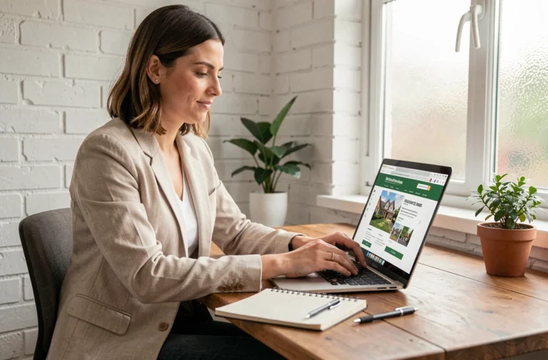Femme consultant des offres de location immobilière sur un ordinateur portable dans un bureau à domicile