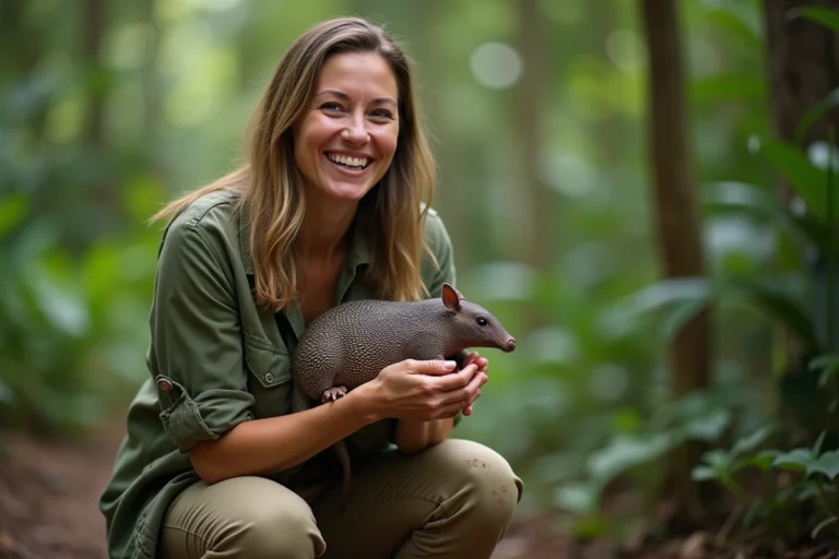 Femme souriante tenant un armadillo dans une réserve naturelle