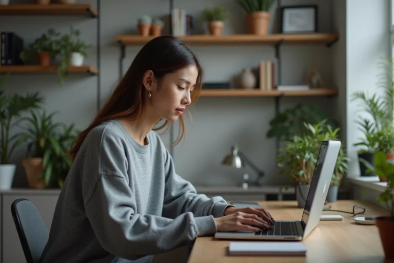 Jeune femme regardant un live stream sur son ordinateur portable