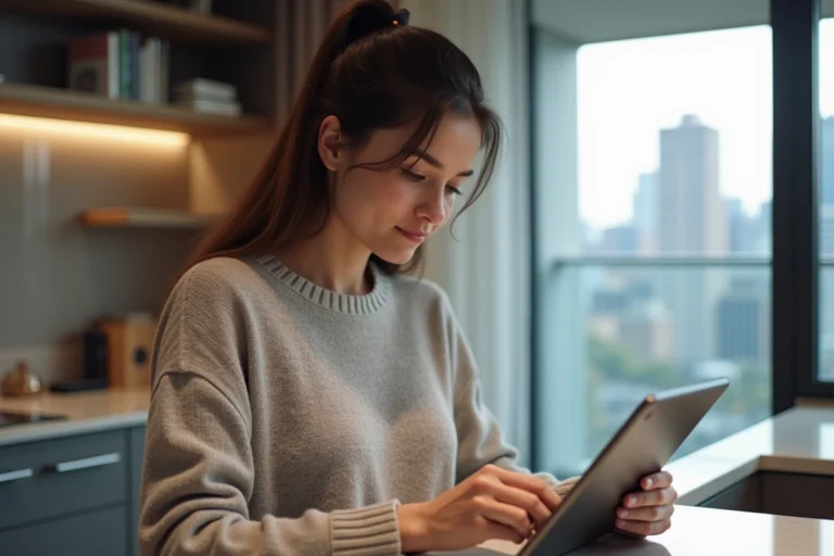 Jeune femme avec tablette dans une cuisine moderne