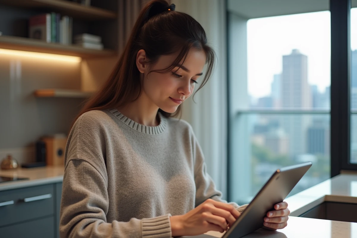 Jeune femme avec tablette dans une cuisine moderne