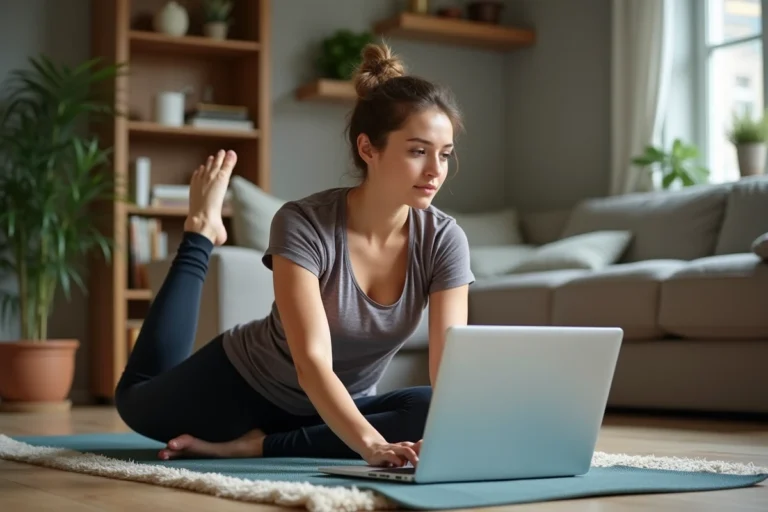 Femme faisant du yoga dans son salon avec ordinateur