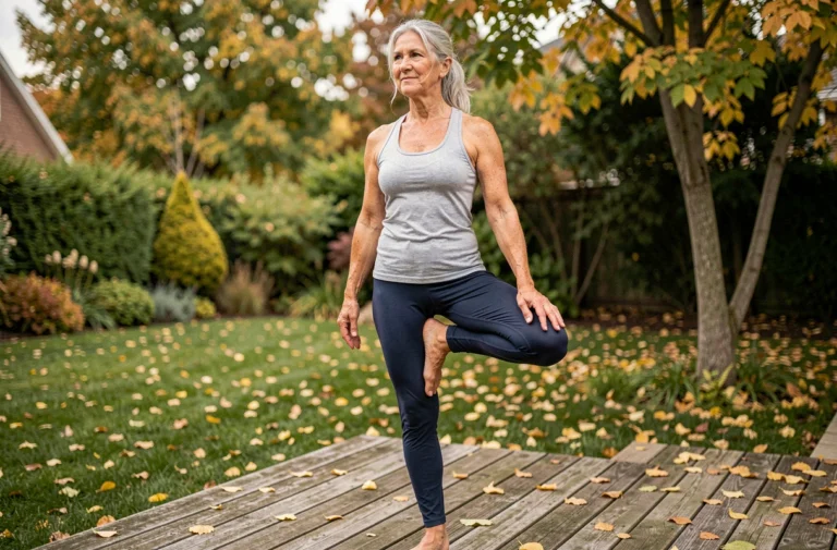 Femme de 60 ans pratiquant le yoga en plein air sur une terrasse en bois entourée de verdure automnale