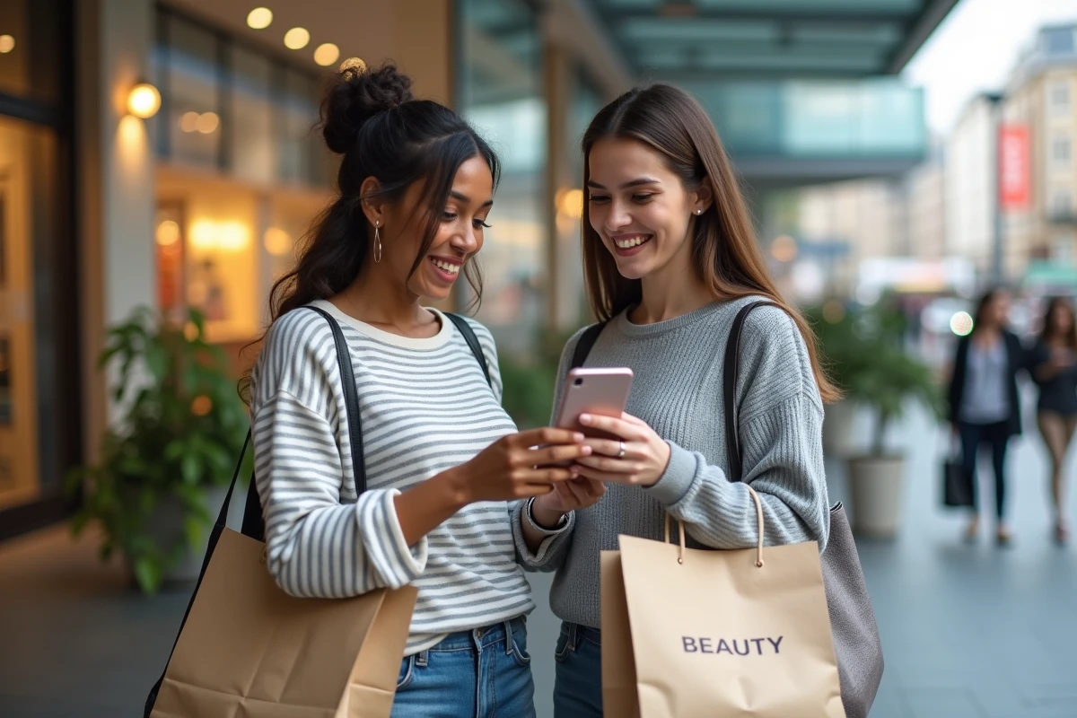Deux femmes comparant leurs achats beauté sur smartphone devant un centre commercial Marionnaud Nocibé
