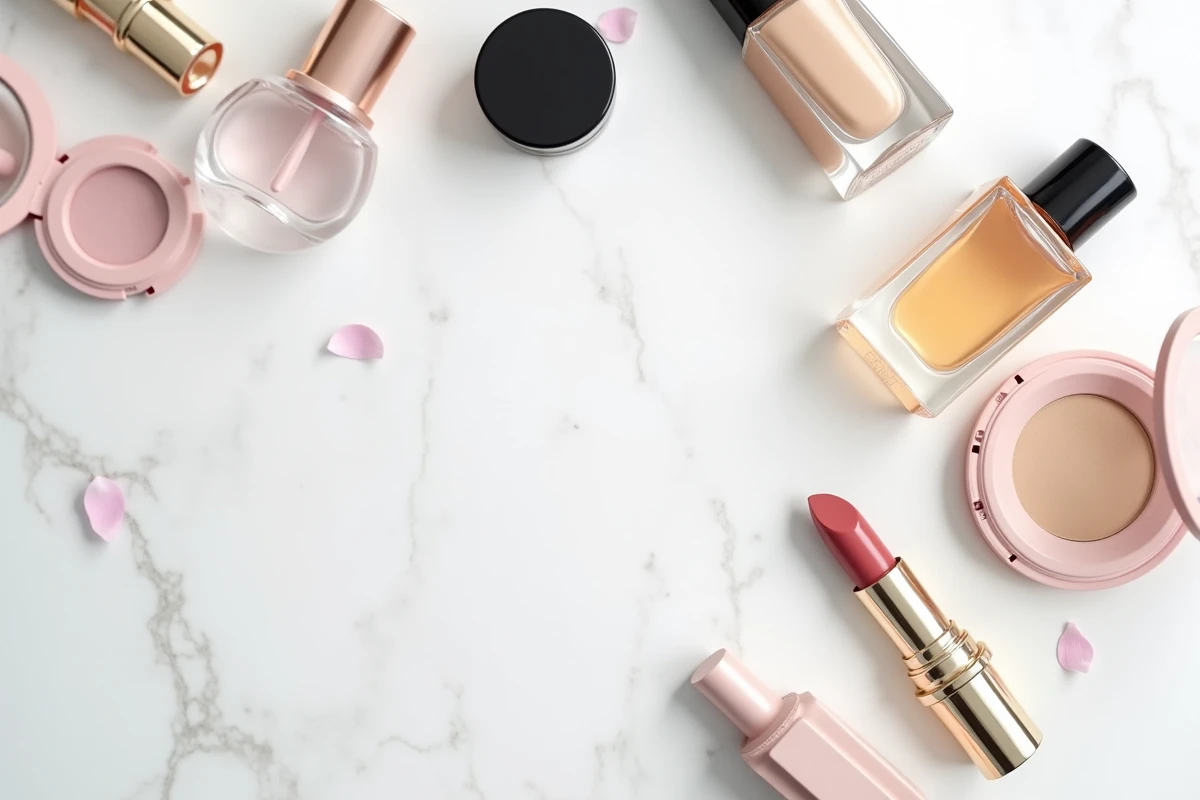 Flat lay de produits cosmétiques avec étiquettes de prix sur marbre blanc pour comparaison de tarifs beauté