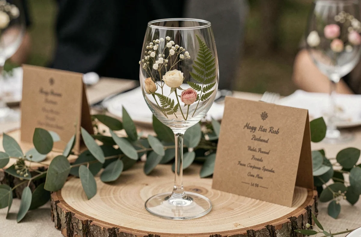 Verre de mariage décoré de fleurs séchées pressées collées sur la paroi extérieure avec un effet botanique naturel
