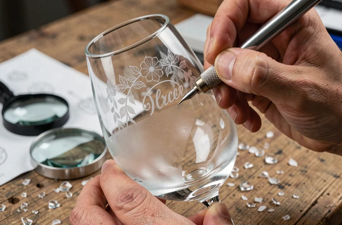 Artisan gravant un verre en cristal à la pointe diamant avec des motifs floraux et des initiales pour un mariage
