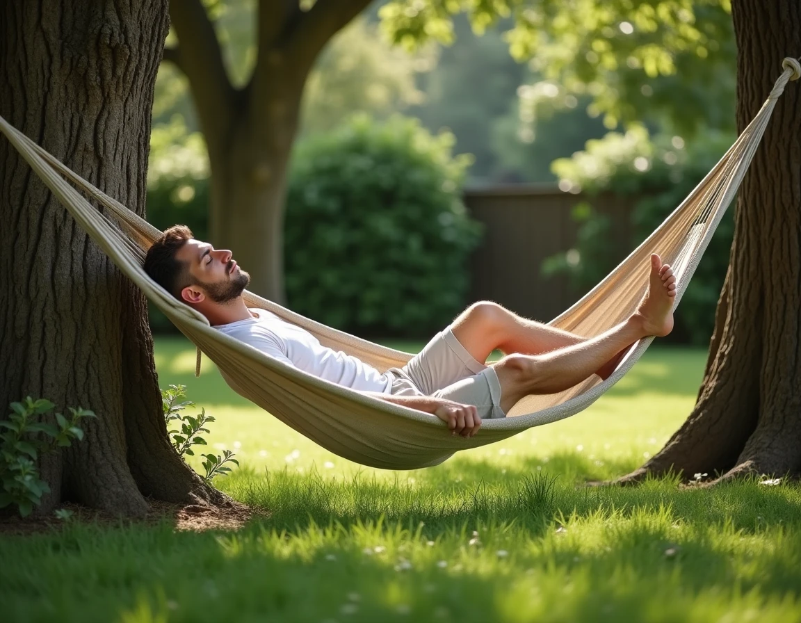 Hamac en toile tendu entre deux grands chênes dans un jardin verdoyant avec un homme au repos