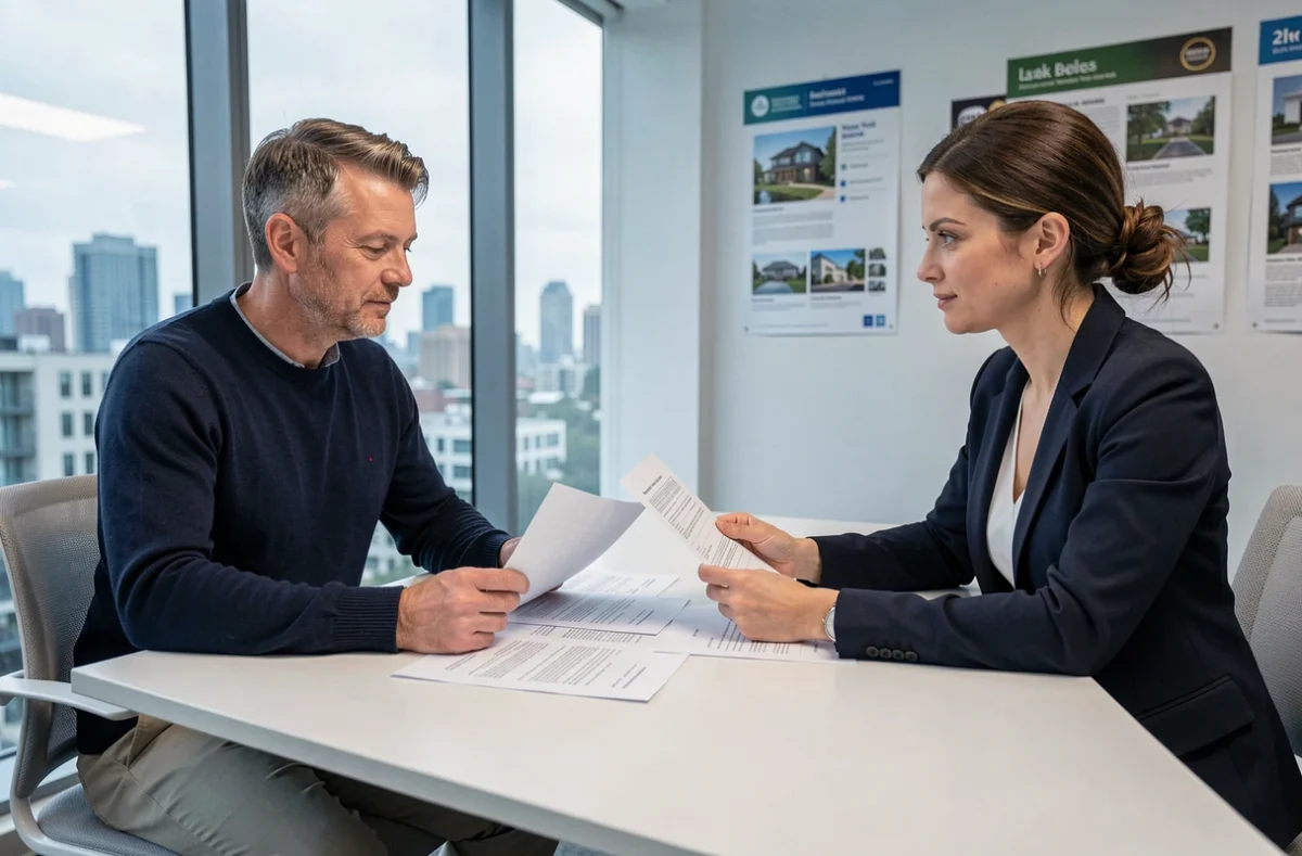 Homme discutant d'une offre de location avec une agente immobilière dans une agence moderne