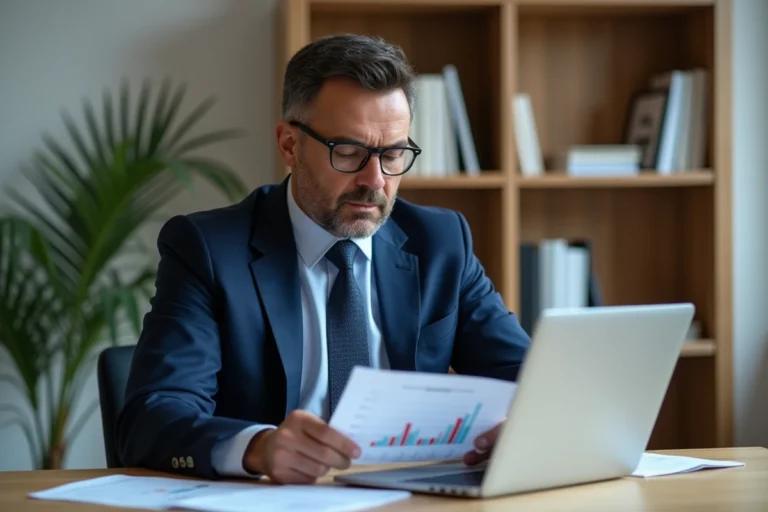 Homme d'affaires analysant des graphiques financiers dans un bureau moderne pour optimiser ses investissements