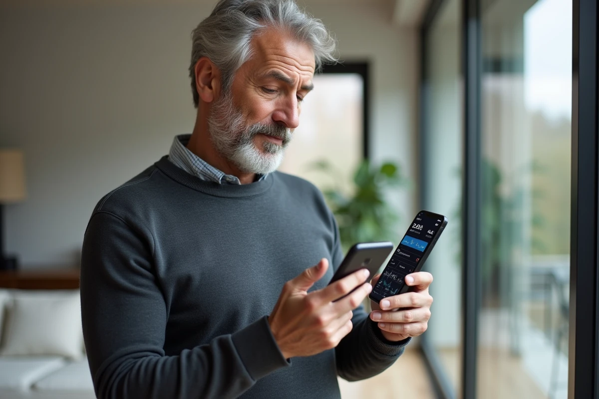 Homme mature consultant une application d'investissement sur smartphone dans un appartement moderne