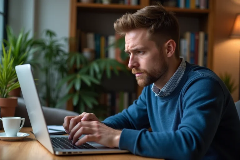 Homme frustré devant son ordinateur dans un bureau cosy