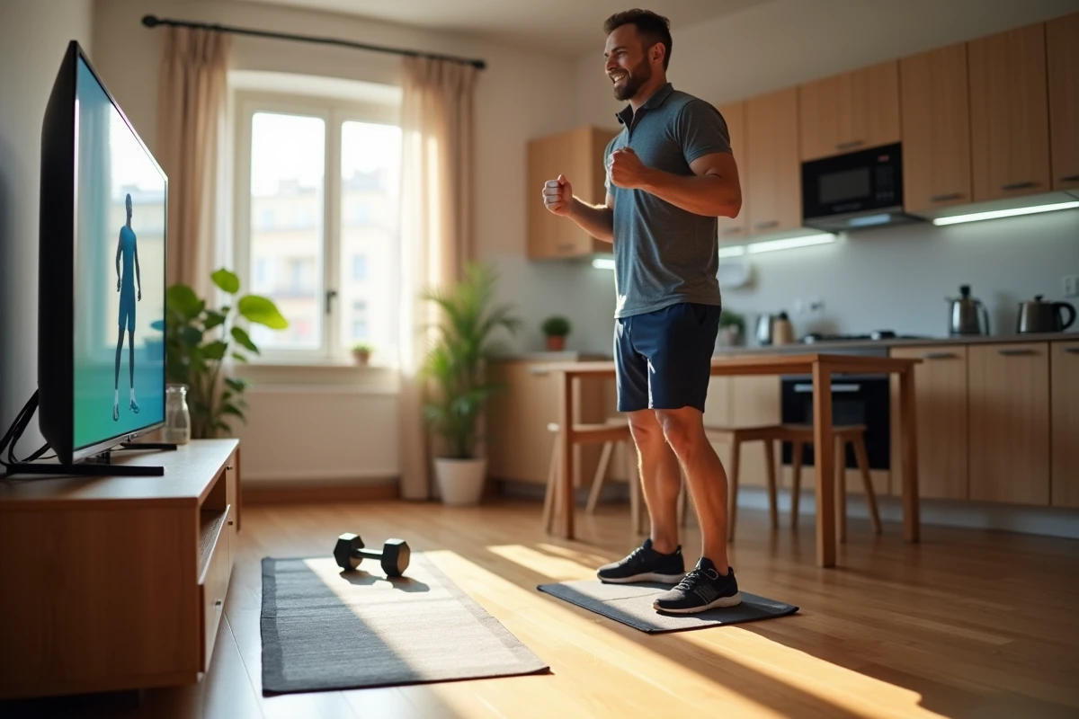 Homme suivant un cours de cardio à la maison avec TV
