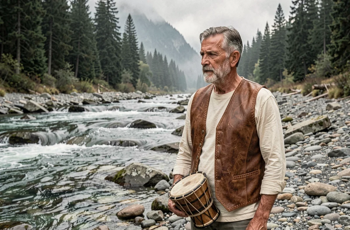 Homme chamane tenant un tambour rituel au bord d'une rivière de montagne dans un paysage naturel sauvage