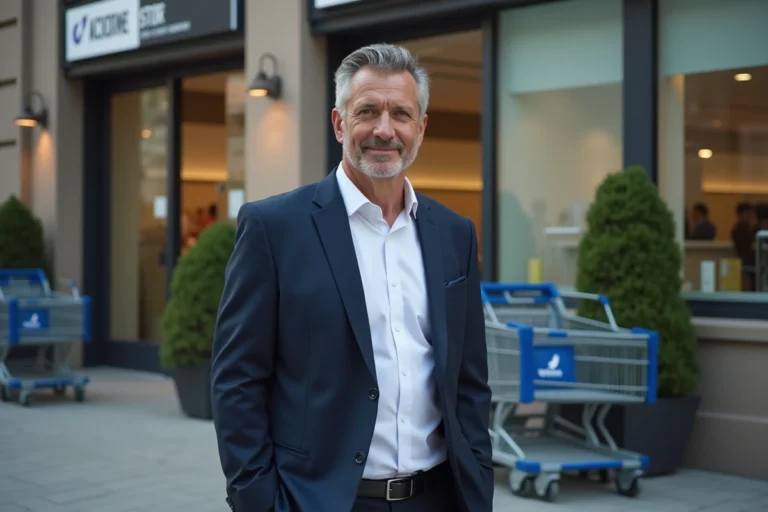 Homme en costume devant un magasin Action en extérieur
