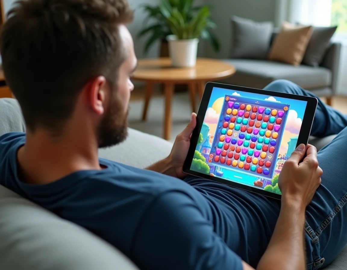 Homme adulte relevant un défi sur un jeu de puzzle de bonbons complexe sur tablette dans son salon