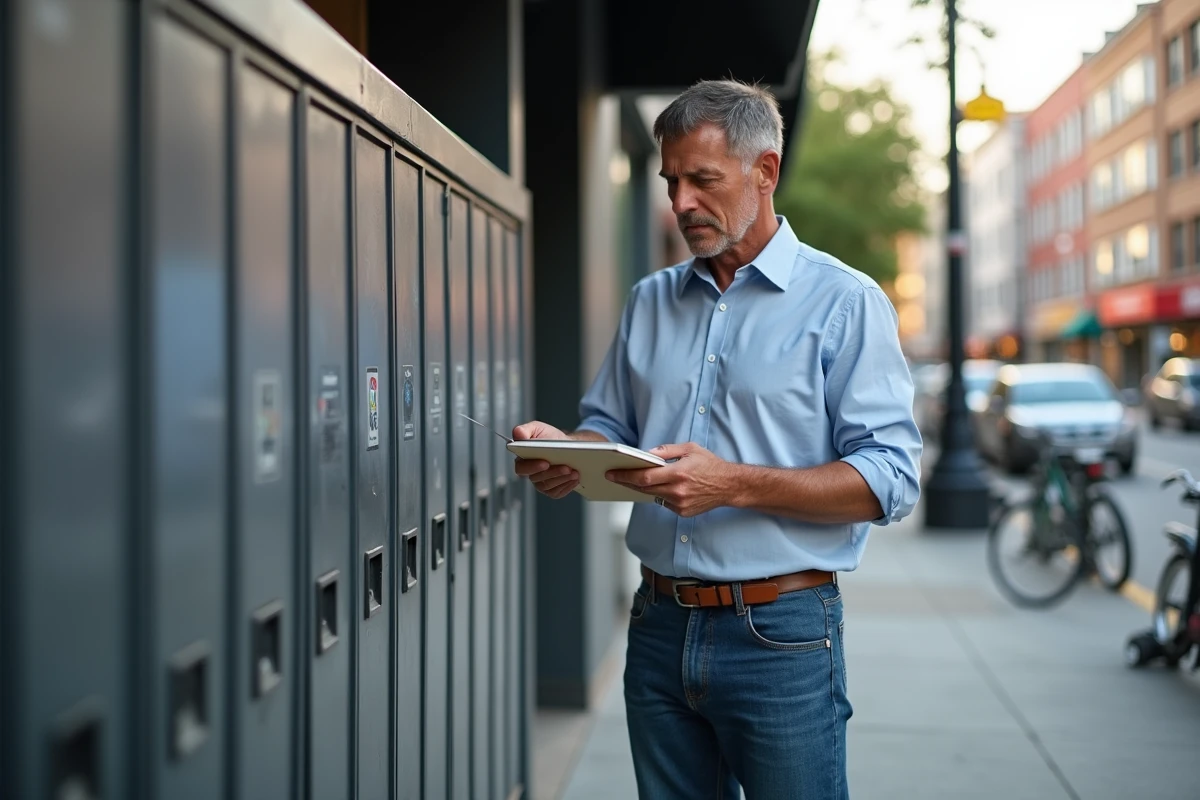 Homme scannant un colis à une station de livraison extérieure