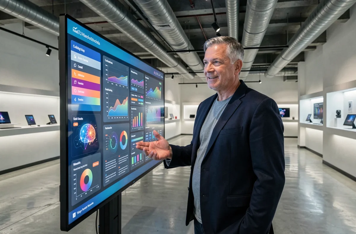 Homme présentant un tableau de bord d'intelligence artificielle sur un écran tactile interactif dans un showroom technologique