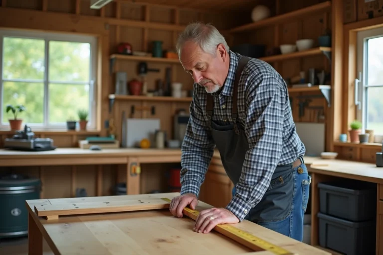Homme mesurant une étagère en bois dans un atelier organisé