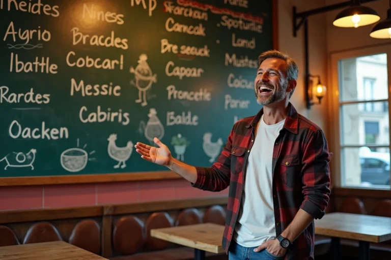 Homme français riant devant tableau de slang parisien