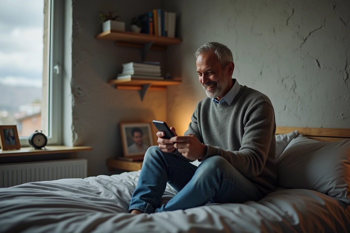 Homme dans sa chambre regardant son téléphone