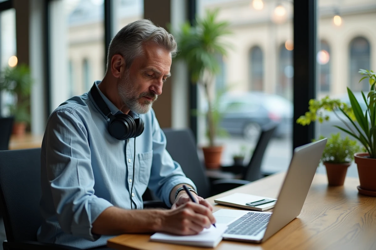 Homme travaillant sur un script de livre audio dans un espace de coworking moderne avec ordinateur portable et notes manuscrites
