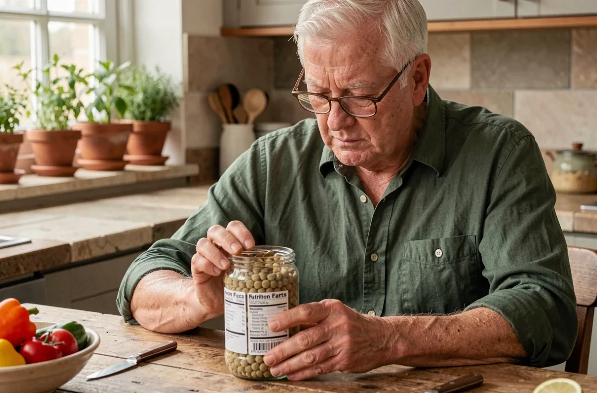 Homme senior lisant attentivement l'étiquette nutritionnelle d'un aliment dans une cuisine chaleureuse et naturelle
