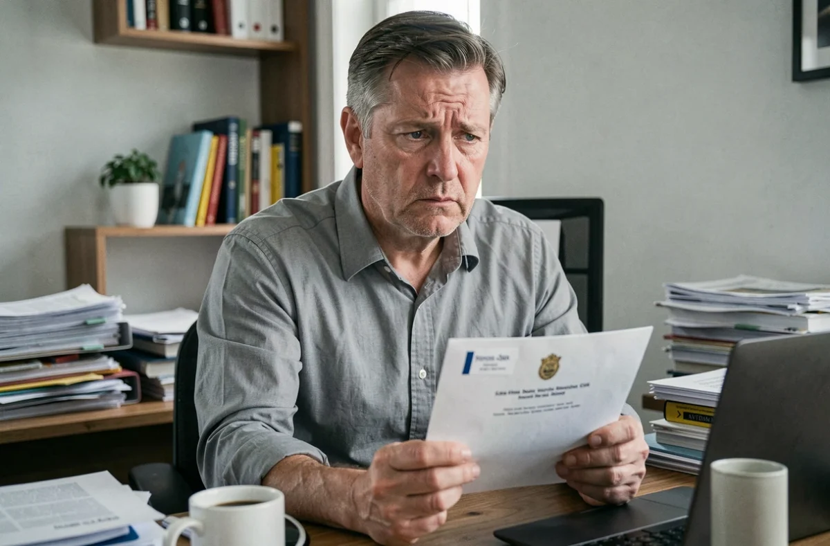 Homme stressé tenant une lettre de relance de créancier à son bureau à domicile