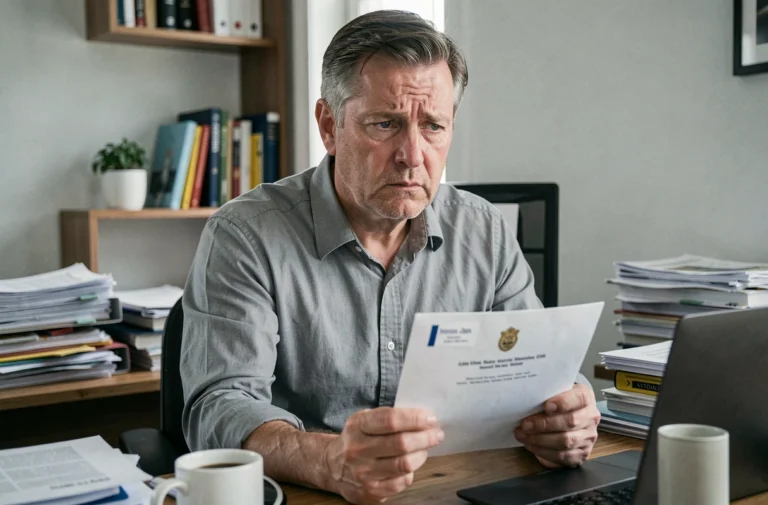 Homme stressé tenant une lettre de relance de créancier à son bureau à domicile