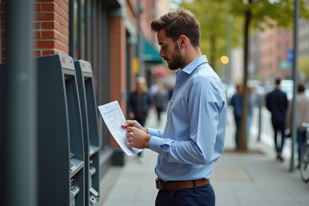 Homme vérifiant son relevé bancaire à un distributeur