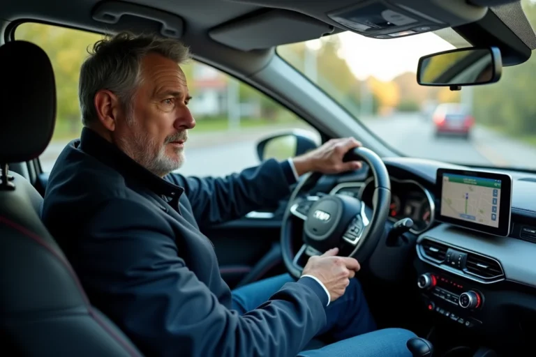 Homme moyenâgeux utilisant le GPS dans sa voiture moderne