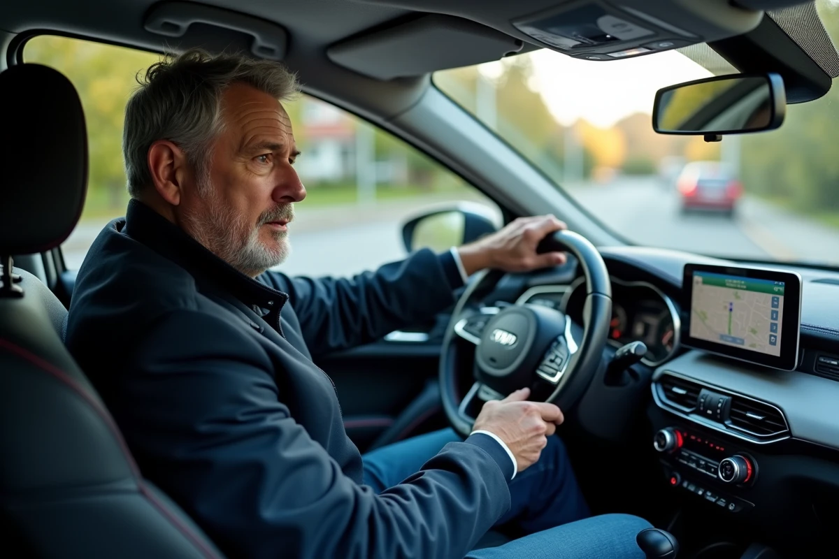 Homme moyenâgeux utilisant le GPS dans sa voiture moderne