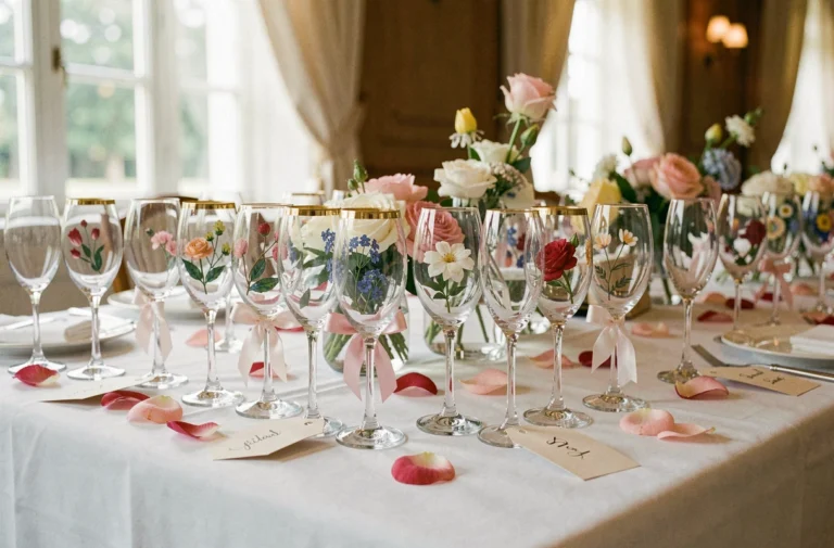 Table de mariage élégante avec une variété de verres décorés de rubans, dorures, fleurs séchées et étiquettes calligraphiées