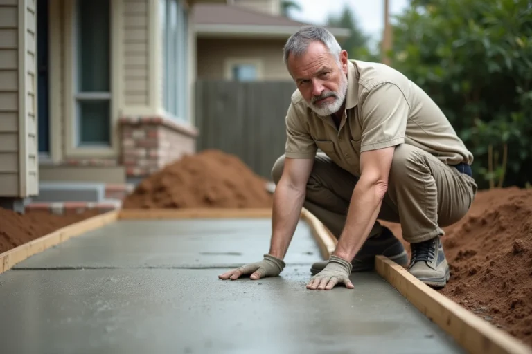 Ouvrier inspectant une dalle en béton fraîchement coulée pour la fondation d'une terrasse dans un jardin résidentiel
