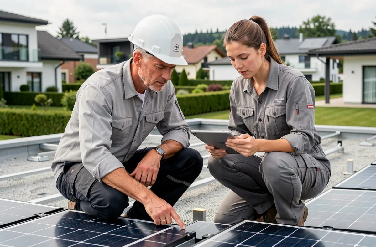 Architecte et technicienne installant des panneaux solaires sur une maison moderne en Suisse avec tablette de contrôle