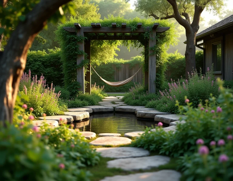 Vue panoramique d'un jardin naturel aménagé en havre de paix avec pergola, mare, plantes en strates et hamac entre les arbres