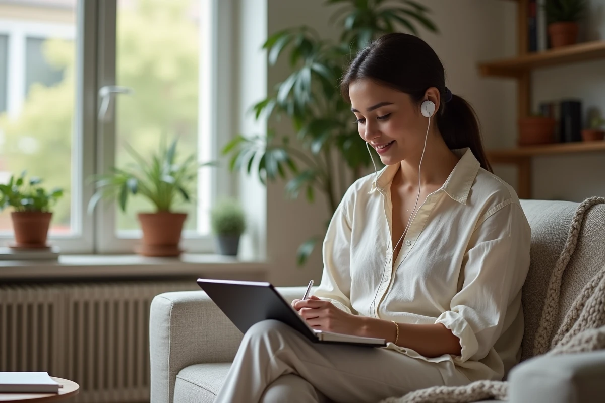 Jeune femme écoutant un livre audio sur tablette et prenant des notes dans un salon cosy