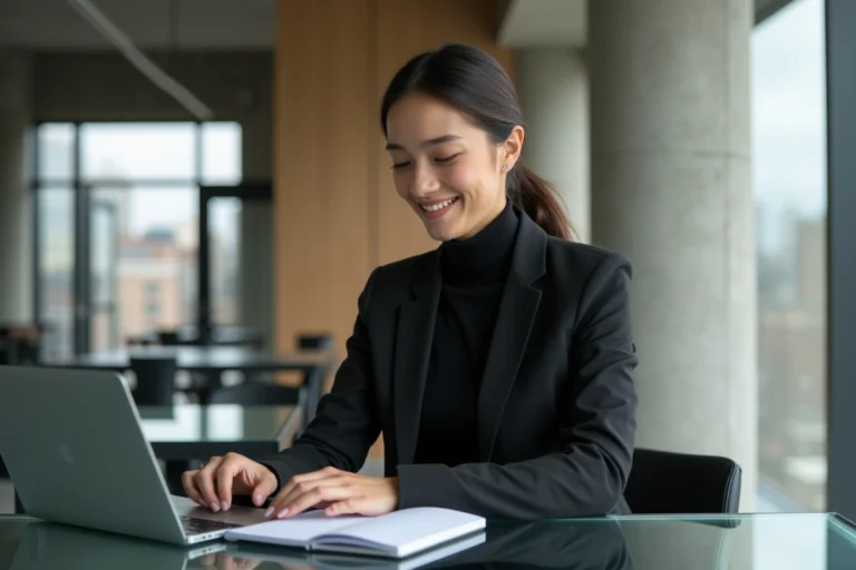 Jeune femme en bureau moderne avec ordinateur et smartphone