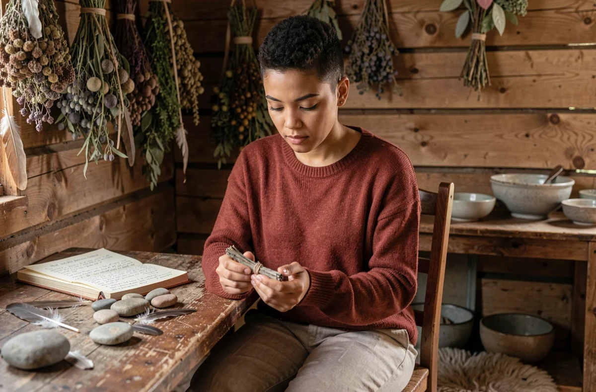 Jeune femme en rituel chamanique dans une cabane rustique entourée de plantes séchées et d'objets sacrés