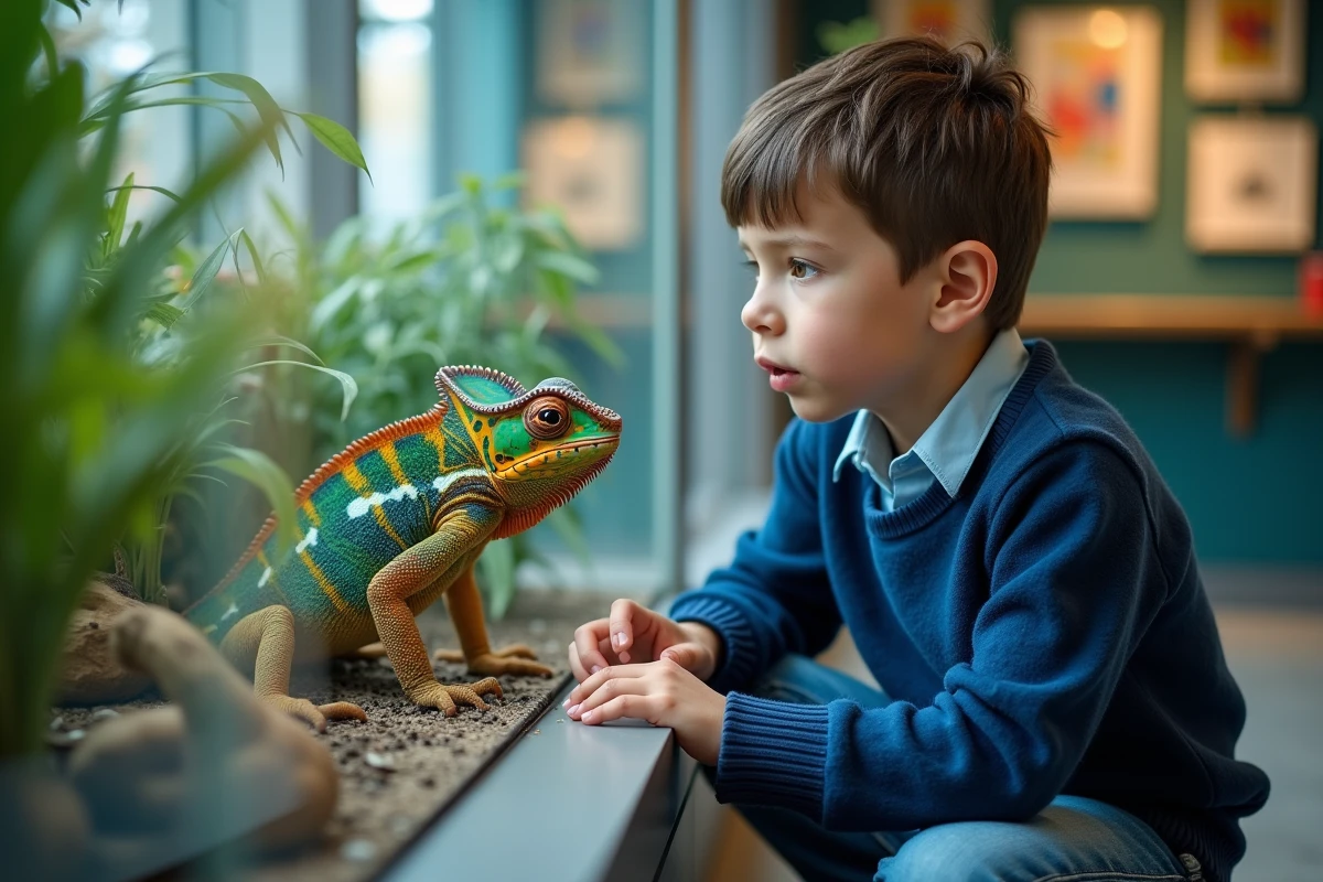 Jeune garçon observant des caméléons dans un terrarium intérieur