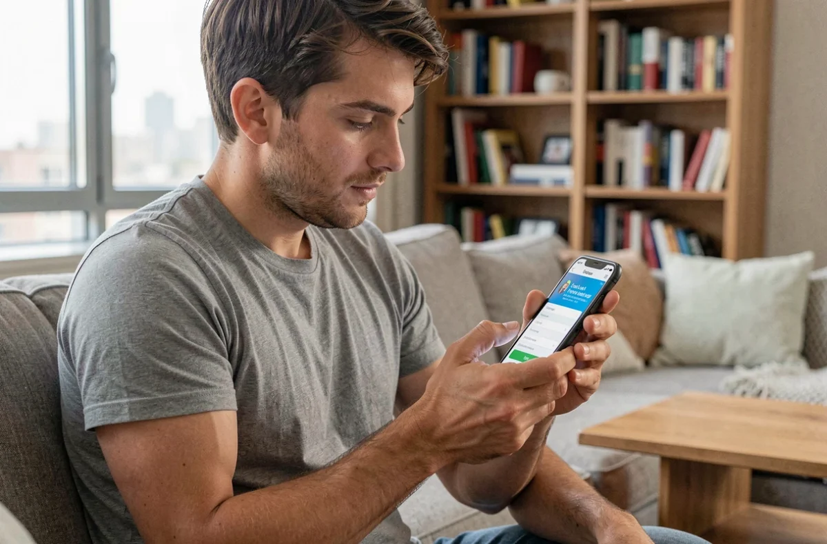 Jeune homme recherchant une offre de crédit à la consommation sur son smartphone dans son appartement