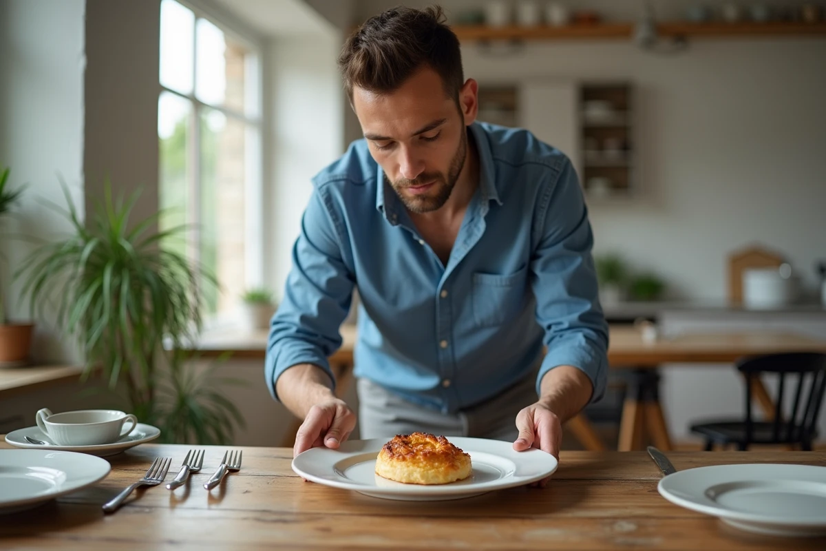 Jeune homme dressant une bouchée à la reine sur une assiette élégante