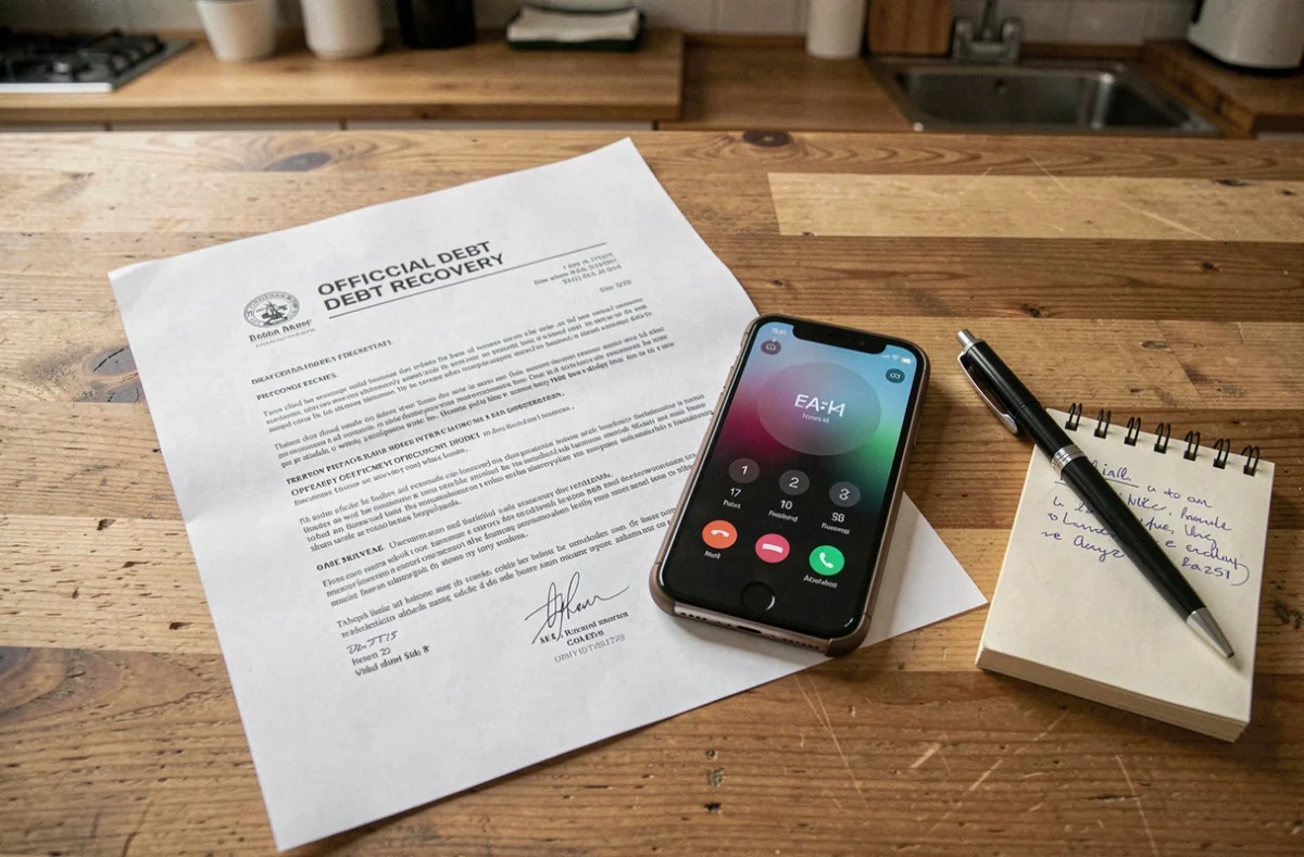 Lettre de relance Intrum et téléphone sur une table, vue de dessus pour illustrer la gestion d'une dette