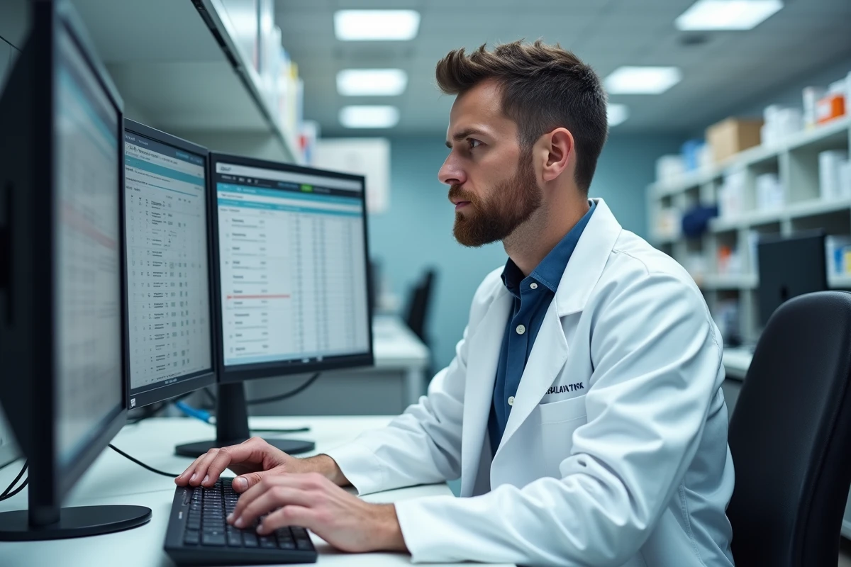 Pharmacien utilisant un logiciel de gestion automatisée des ordonnances sur un poste informatique moderne en officine