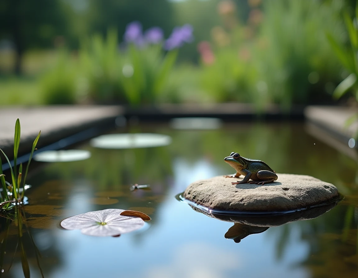 Mare naturelle sans pompe avec plantes aquatiques indigènes, grenouille et libellules pour la biodiversité