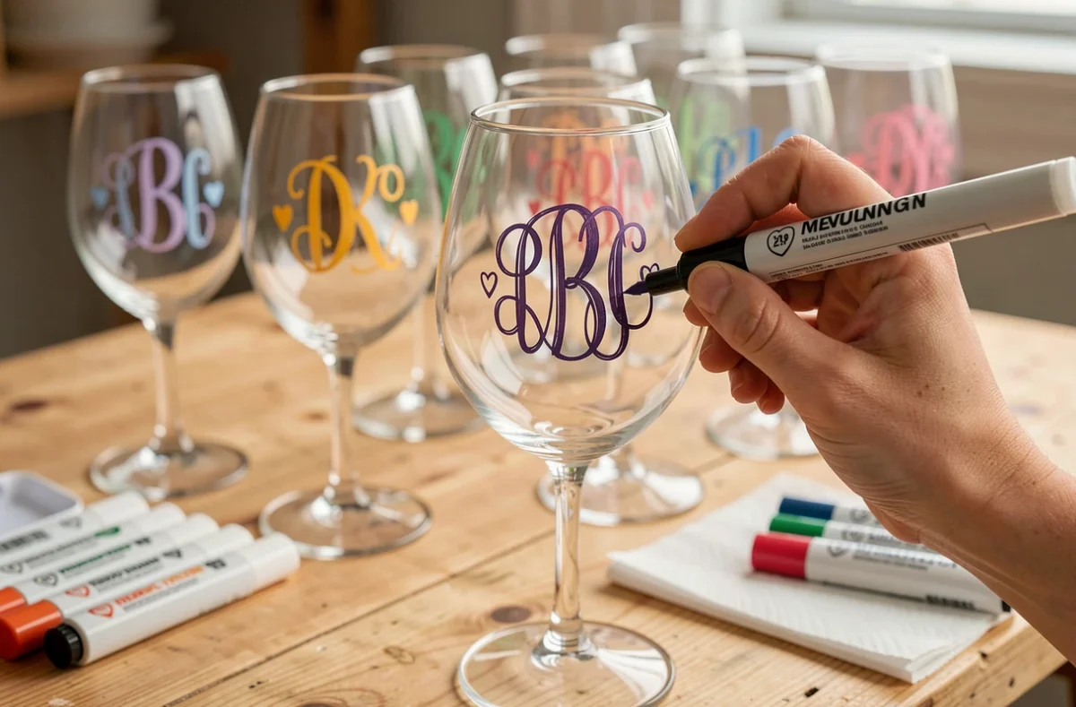 Mains utilisant un marqueur acrylique pour écrire un monogramme décoratif sur un verre de mariage en DIY rapide