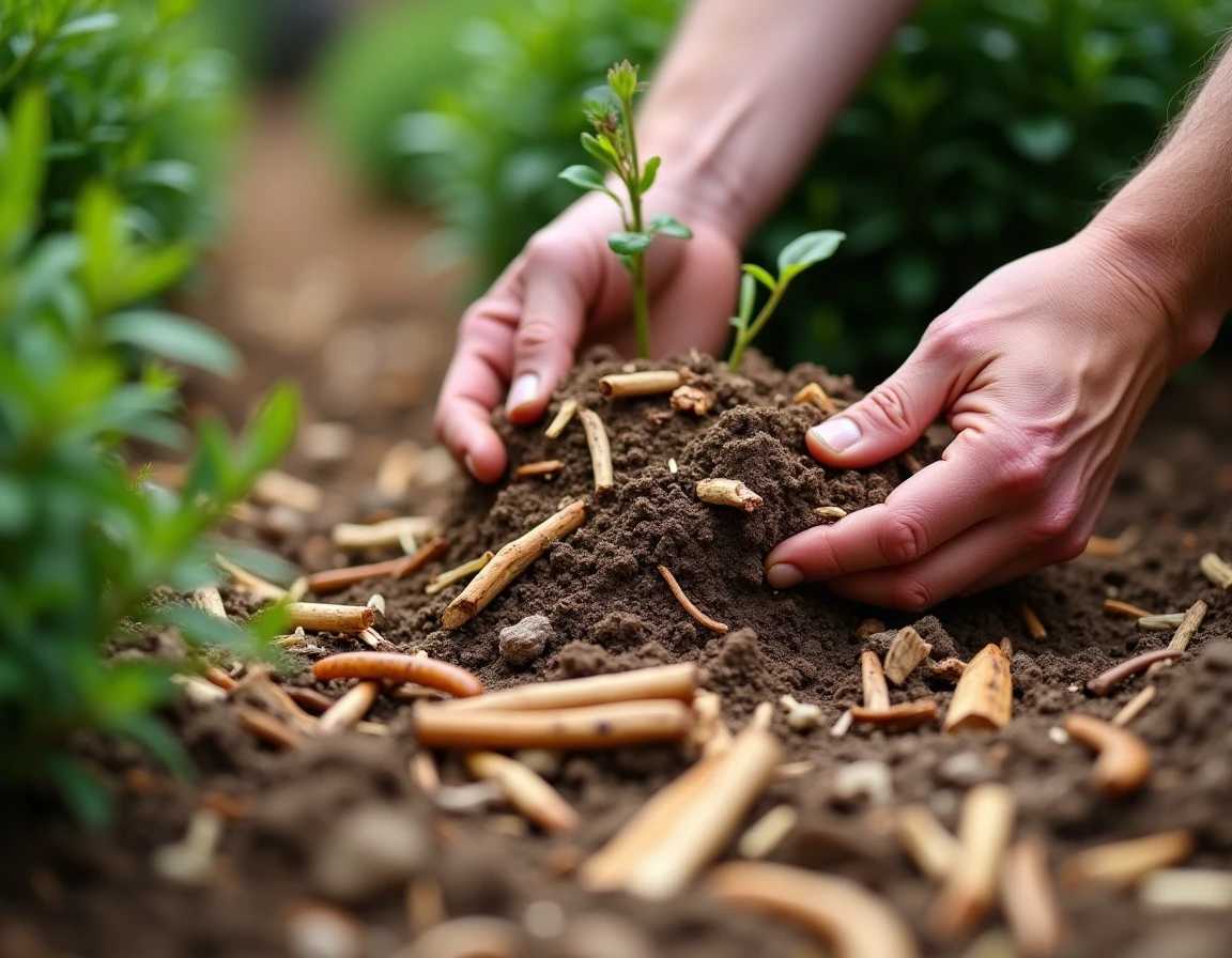 Paillage épais en copeaux de bois et paille locaux appliqué autour de plantes pour protéger un sol vivant