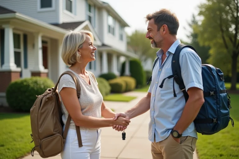 Couple souriant échangeant des clés devant une maison