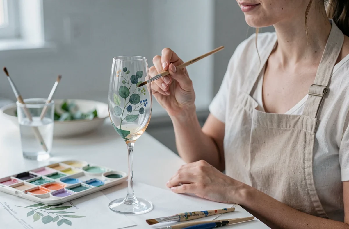 Femme appliquant de la peinture alimentaire au pinceau fin sur un verre de mariage avec des motifs botaniques pastels